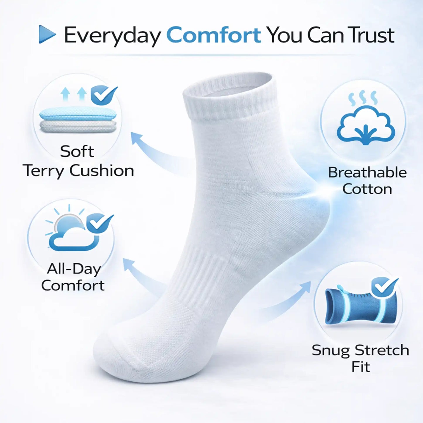 VEA Half Ankle Socks 3 Pack | White | Size 39–42 | VEA-2048