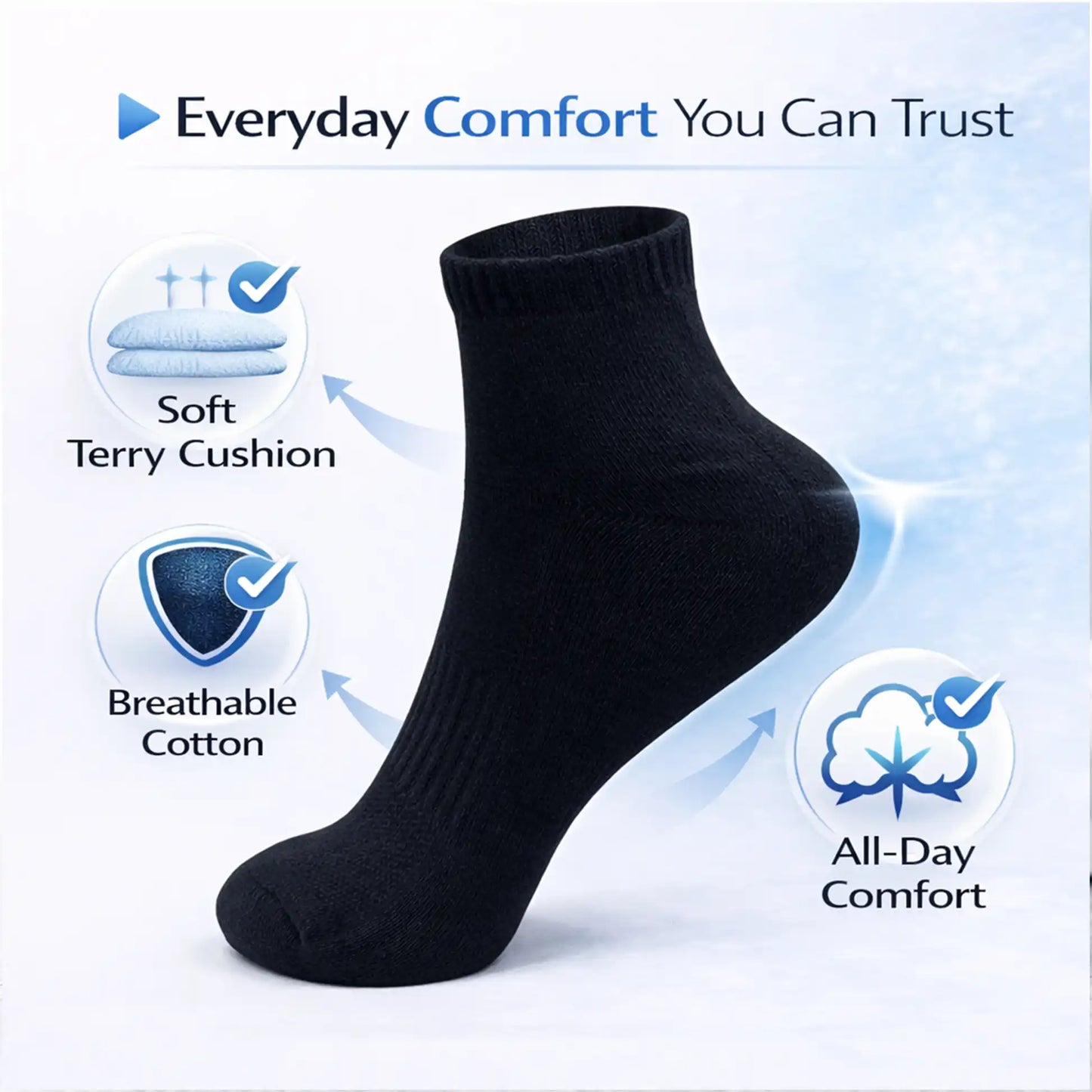 VEA Half Ankle Socks 3 Pair Pack | Size 39–42 | Black | VEA-2049