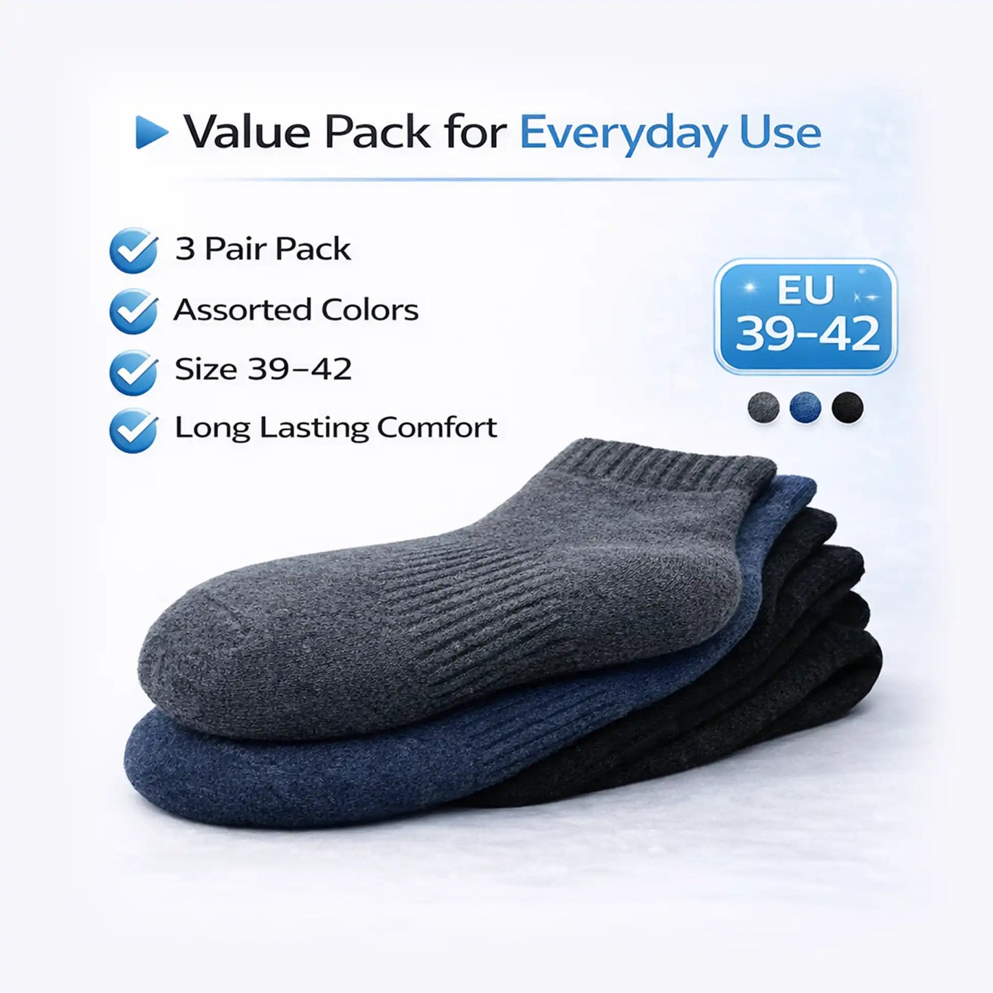 VEA Terry Socks 3 Pair Pack Assorted | Size 39–42 | VEA-2047