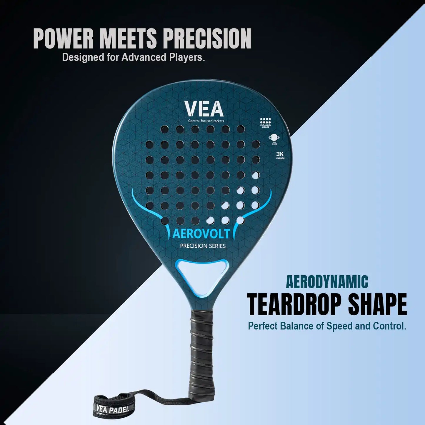 VEA AEROVOLT Professional Padel Racket – 3K Carbon Fiber Power & Spin
