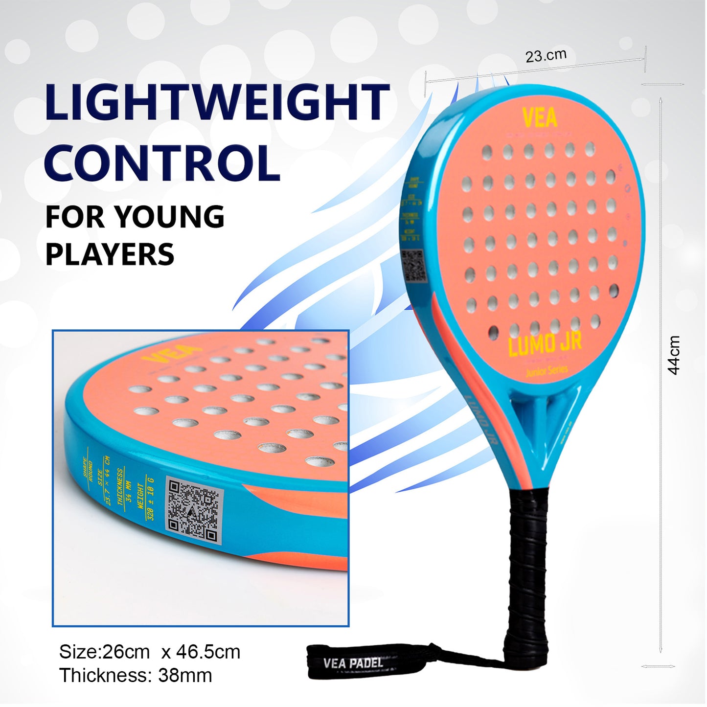 Paddle with blue and orange design on a white background, featuring text about lightweight control for young players.