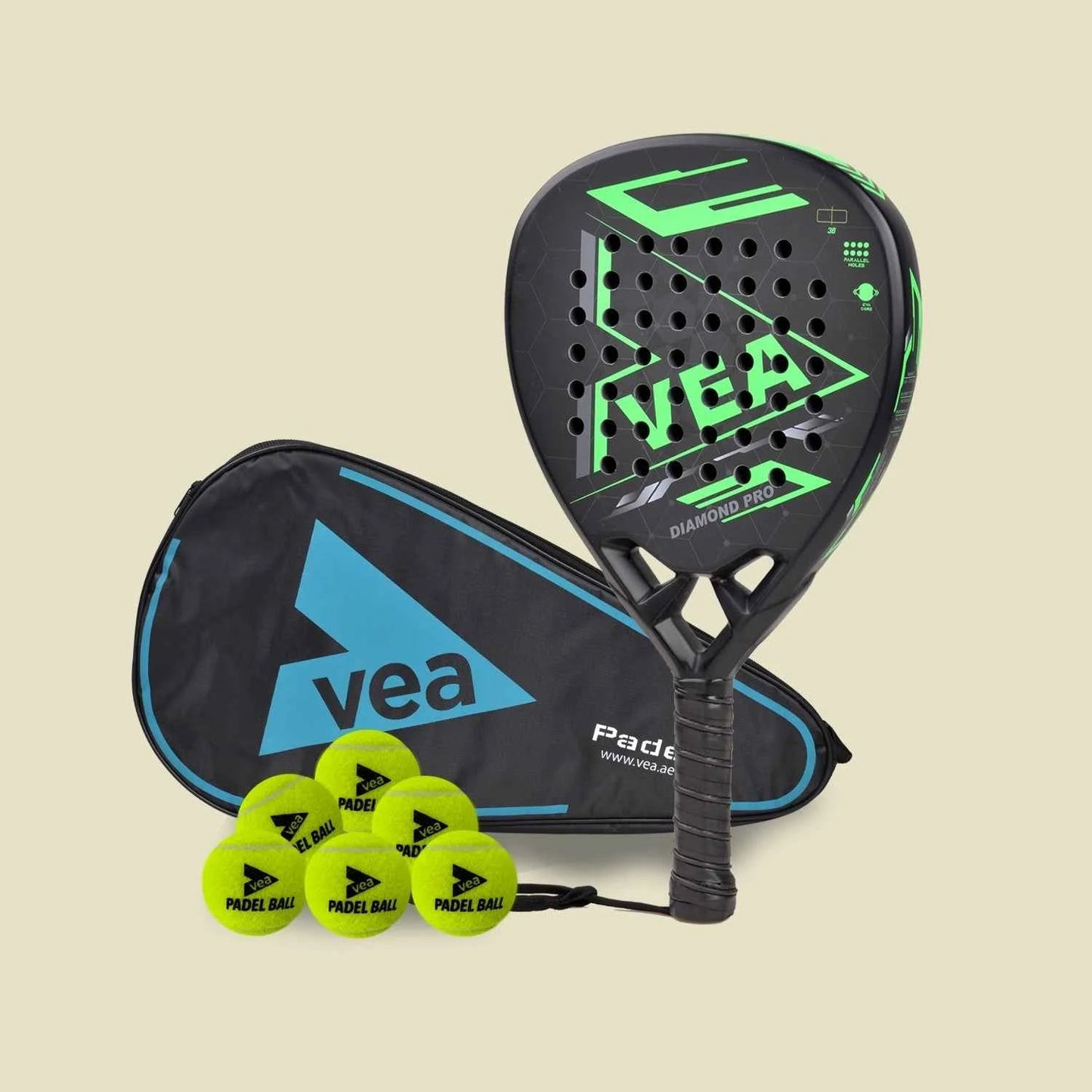 VEA Diamond Pro Padel Set with 1 Racket and 2 Tubes of Balls - VEA