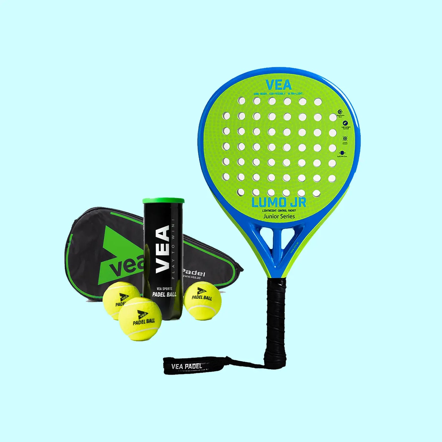 VEA Kids Padel Racket Lumo JR – Neon Green Bundle