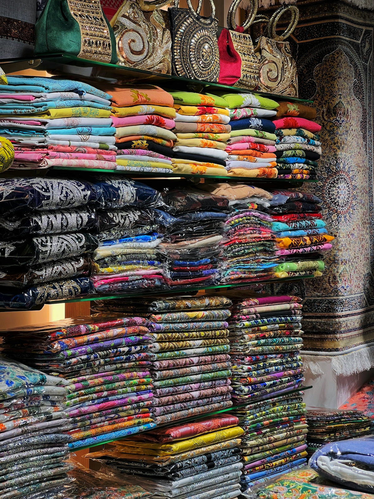 Colorful folded fabrics and bags displayed on shelves.