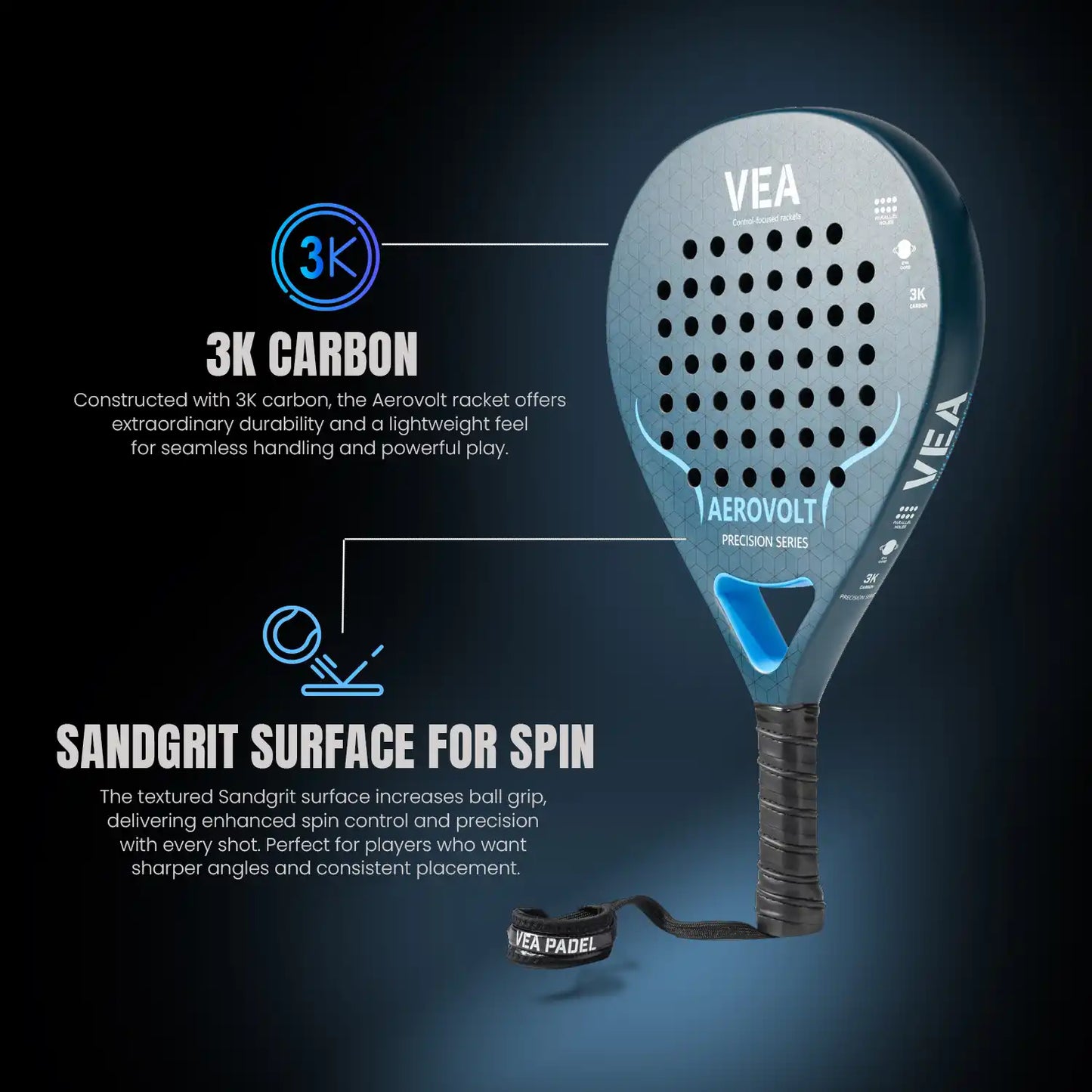 VEA AEROVOLT Professional Padel Racket – 3K Carbon Fiber Power & Spin