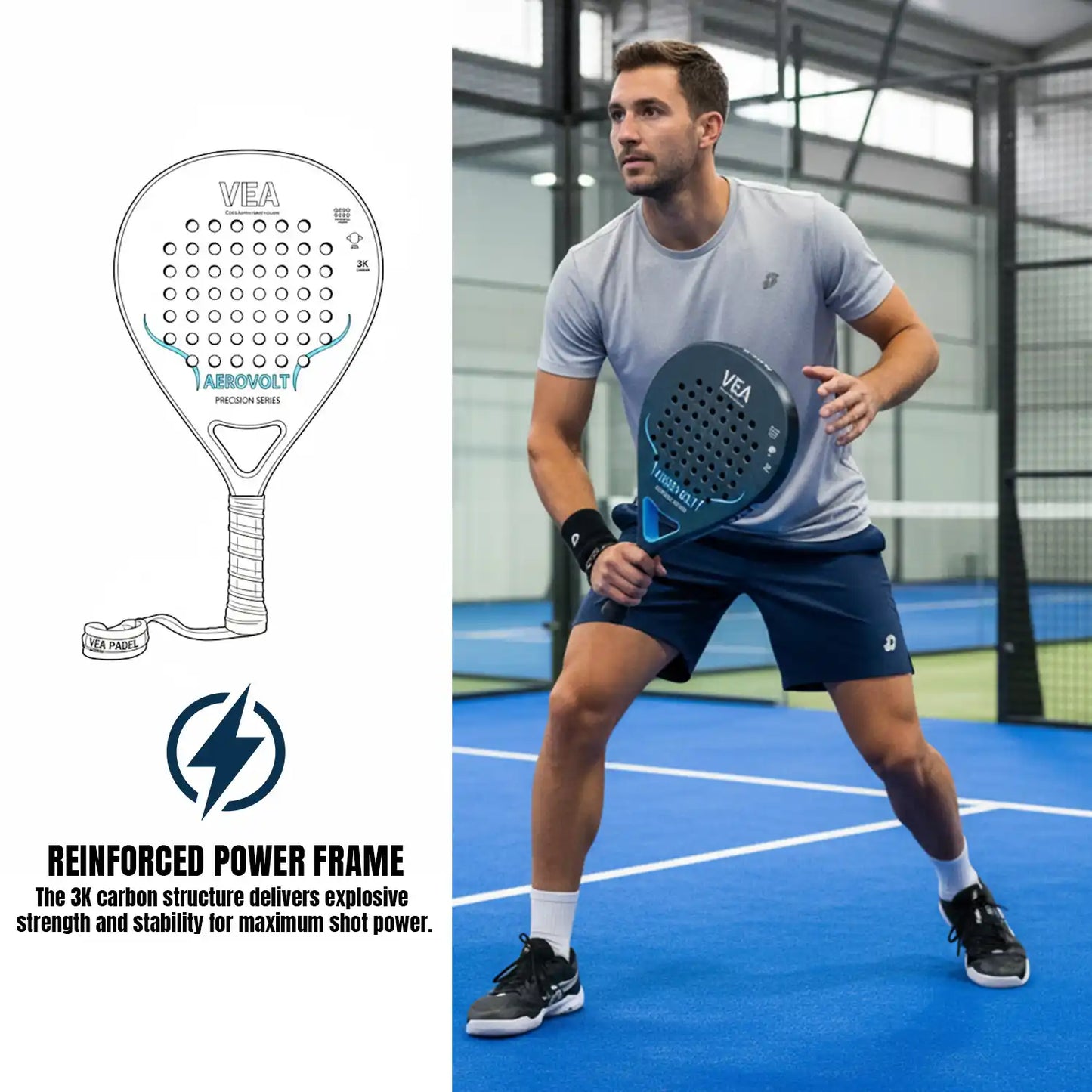 VEA AEROVOLT Professional Padel Racket – 3K Carbon Fiber Power & Spin