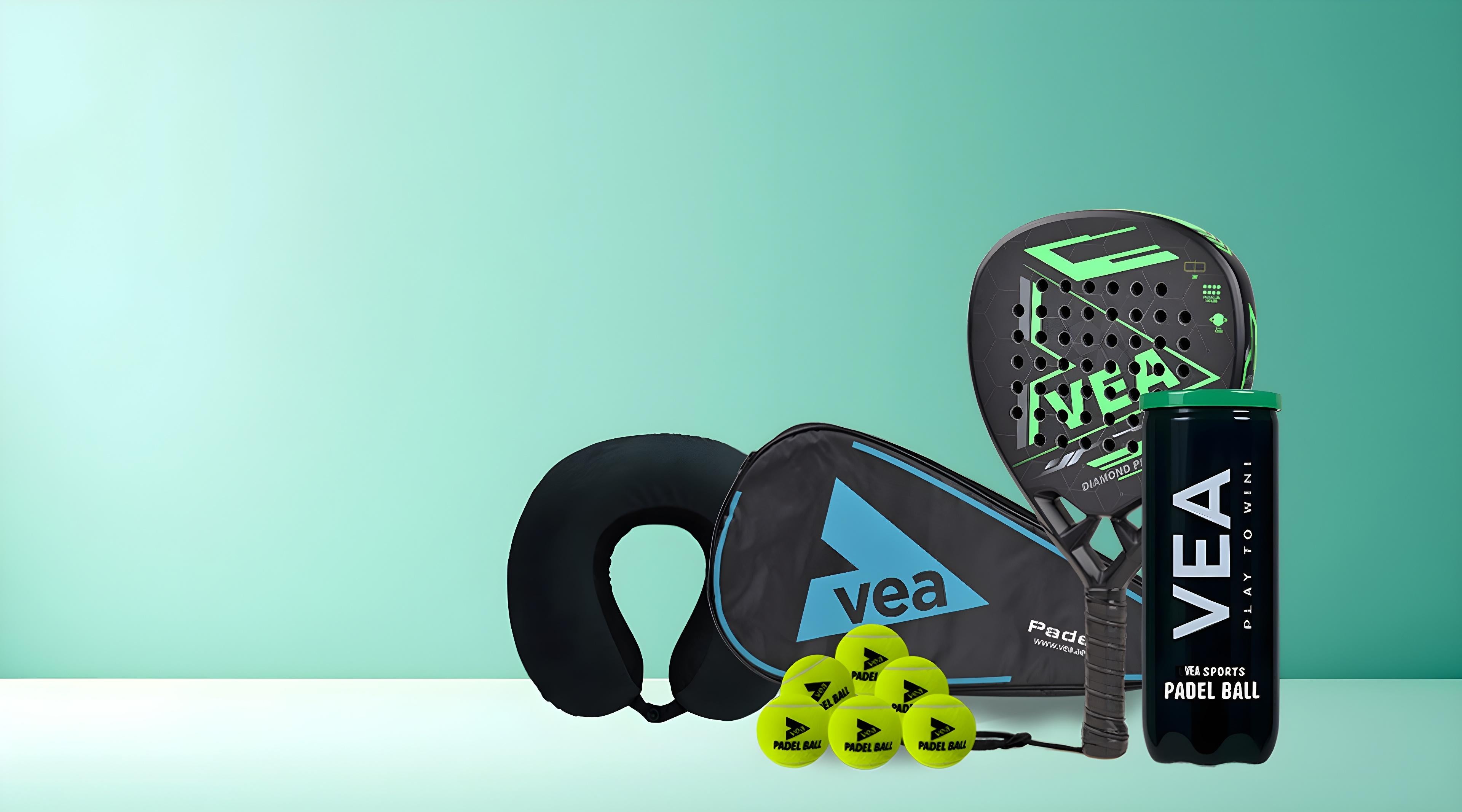 alt="VEA lifestyle brand collection – padel gear, travel pillows, and eco toys"